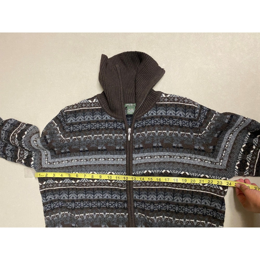 Eddie Bauer Mens XXL Fair Isle Full Zip Cardigan Sweater Brown Lambswool Blend - Picture 9 of 9